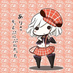  1girl alisa_ilinichina_amiella alisa_ilinichina_amiella_(cosplay) blush boots cabbie_hat chibi chiot_(god_eater) elbow_gloves fingerless_gloves fuugetsu_oreha_ikiru gloves god_eater god_eater_burst hat long_hair looking_at_viewer pale_skin short_hair skirt solo suspender_skirt suspenders white_hair yellow_eyes 