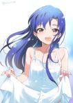  1girl :d blue_hair blush curtsey dress flat_chest highres idolmaster inoue_sora kisaragi_chihaya long_hair looking_at_viewer open_mouth signature smile solo sundress twitter_username violet_eyes 