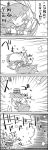  1girl 4koma bucket cirno comic commentary_request detached_collar frog_hair_ornament gohei hair_ornament highres in_bucket in_container kisume kochiya_sanae long_hair long_sleeves monochrome shirt skirt smile snake_hair_ornament tani_takeshi touhou translation_request wide_sleeves wooden_bucket yukkuri_shiteitte_ne 