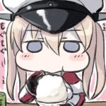  1girl blonde_hair blue_eyes blush capelet chibi chopsticks chopsticks_in_mouth eating engiyoshi food gloves graf_zeppelin_(kantai_collection) hair_between_eyes hat kantai_collection long_hair looking_at_viewer lowres peaked_cap sidelocks solo twintails uniform 