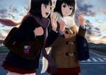  2girls bag black_hair blue_eyes earphones earphones highres looking_at_another multiple_girls open_mouth original outdoors parted_lips red_eyes road scarf school_bag shin_(world_3000) sky smile tagme teeth twilight winter_clothes 