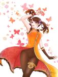  1girl alternate_costume armpits black_legwear bracer brown_eyes brown_hair butterfly china_dress chinese_clothes dress fingerless_gloves gloves highres ling_xiaoyu long_hair namco pantyhose rikki_rabbit signature single_elbow_glove sleeveless smile solo tekken tekken_3 tekken_4 tekken_5_(dark_resurrection) tekken_7 tekken_tag_tournament tekken_tag_tournament_2 thigh_gap twintails upskirt 