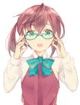 1girl adjusting_glasses blue-framed_glasses brown_hair glasses green_eyes kantai_collection komachi_narota long_sleeves looking_at_viewer okinami_(kantai_collection) open_mouth school_uniform short_hair simple_background solo upper_body white_background 