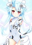  1girl ahoge blanc blue_hair blush elbow_gloves gloves haru_blanc0316 highres leotard looking_at_viewer neptune_(series) open_mouth outstretched_hand power_symbol red_eyes short_hair_with_long_locks sidelocks symbol-shaped_pupils white_heart 