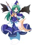  1girl bat_wings bow capelet e.o. ghost_tail green_eyes green_hair hat highres long_hair long_sleeves looking_at_viewer mima polearm shirt skirt skirt_set solo touhou touhou_(pc-98) very_long_hair vest weapon wings 