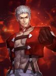  artist_name brown_eyes choker clenched_hand cropped_jacket earrings gloves grin highres jewelry looking_at_viewer muscle nanakase_yashiro short_hair smile snk suspenders the_king_of_fighters white_hair xiaoguimist 