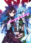  1boy 1girl beam_saber black_gloves black_hair blue_eyes blue_hair breasts bullet cleavage fingerless_gloves gloves gun jianmo_sl kirito kirito_(sao-ggo) light_smile long_hair otoko_no_ko rifle scarf shinon_(sao) short_hair sniper_rifle sword sword_art_online violet_eyes weapon 