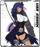 &gt;:) +_+ 1girl american_flag archer_(cosplay) artist_request bow_(weapon) breasts flight_deck flower hair_flower hair_ornament hair_ribbon highres kantai_collection large_breasts nekoarc purple_hair quiver red_eyes ribbon smile solo symbol-shaped_pupils uss_essex_(cv-9) weapon 