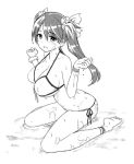  1girl bikini breasts large_breasts long_hair monochrome side-tie_bikini sitting smile solo swimsuit twintails wariza wet zaxwu 