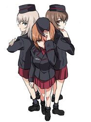  3girls adjusting_clothes adjusting_hat back-to-back brown_eyes brown_hair crossed_arms girls_und_panzer green_eyes grey_hair hat hibiglasses itsumi_erika looking_at_viewer multiple_girls nishizumi_maho nishizumi_miho skirt uniform white_background 