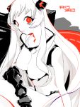  1girl airfield_hime collar commentary_request gauntlets horns kan kantai_collection leotard lipstick looking_at_viewer makeup no_eyebrows red_eyes shinkaisei-kan translation_request white_hair white_skin 