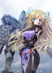  1girl blonde_hair blue_eyes blush bodysuit bow breasts carnelian covered_navel emblem glowing hair_bow highres holding_arm liz_hohenstein long_hair looking_at_viewer mecha mig-21_balalaika_(muvluv) muvluv official_art open_mouth outdoors ribbon schwarzesmarken skin_tight snow standing tears two_side_up 
