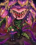  1boy black_hair denim dobusu_(osomatsu-san) drooling highres hood hoodie jeans matsuno_karamatsu open_mouth osomatsu-kun osomatsu-san pants plant_monster sharp_teeth teeth 