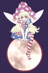  1girl american_flag_legwear american_flag_shirt blonde_hair blush clownpiece collar fairy_wings frilled_collar frills hat jester_cap licking_lips long_hair looking_at_viewer miata_(pixiv) moon pantyhose polka_dot red_eyes shirt short_sleeves simple_background sitting sketch solo tongue tongue_out touhou wings 