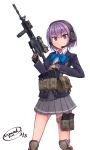  1girl dreadtie gloves gun headset highres original purple_hair short_hair solo violet_eyes weapon 