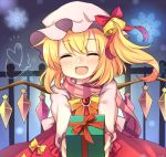  1girl :d ^_^ bell blonde_hair box closed_eyes fang fence flandre_scarlet gift gift_box hat lowres mob_cap open_mouth ruhika scarf shirt skirt smile snowflakes touhou vest wings 