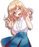  1girl blonde_hair blue_eyes blush breasts double_v glasses heart heart-shaped_pupils large_breasts liar_lawyer long_hair looking_at_viewer one_eye_closed open_mouth original red-framed_glasses shirt sleeveless sleeveless_shirt solo symbol-shaped_pupils v 