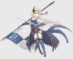  1girl :o armor armored_boots bangs blonde_hair blue_dress blue_eyes bodice boots dress flag full_body gauntlets granblue_fantasy grey_background hair_ornament hair_ribbon highres holding holding_sword holding_weapon jeanne_d&#039;arc_(granblue_fantasy) long_hair long_skirt long_sleeves looking_at_viewer low-tied_long_hair ribbon scabbard seedflare sheath showgirl_skirt simple_background skirt solo sword thigh-highs thigh_boots unsheathed very_long_hair weapon white_blouse wind 
