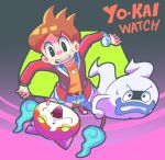  1boy amano_keita brown_hair copyright_name ghost gradient gradient_background jacket jibanyan male_focus monjaosu nekomata purple_lips simple_background sweatdrop watch whisper_(youkai_watch) yawning youkai youkai_watch youkai_watch_(object) 