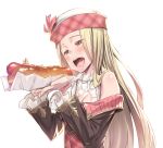  1girl bare_shoulders blonde_hair blush breasts cleavage diola_(granblue_fantasy) eating food granblue_fantasy h_kasei hot_dog long_hair open_mouth smile solo yellow_eyes 
