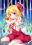  1girl apple ascot bangs blonde_hair blush bow cage dress eyebrows fang flandre_scarlet food frilled_dress frills fruit hair_bow highres holding holding_fruit honey looking_at_viewer open_mouth puffy_short_sleeves puffy_sleeves red_bow red_dress red_eyes red_ribbon ribbon short_sleeves side_ponytail sisterakuma sitting solo sparkle touhou wariza wings 