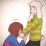  ... 1boy @_@ androgynous animated animated_gif asriel_dreemurr beige_background blush brown_hair closed_eyes cowboy_shot embarrassed english fangs frisk_(undertale) from_side full-face_blush furry green_eyes grin hand_kiss horns kiss long_sleeves looking_up monster_boy ootani-kun open_mouth simple_background smile sparkle spoken_ellipsis striped striped_sleeves striped_sweater sweatdrop sweater tail teeth undertale watermark web_address 