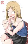  &gt;:o :o artist_name bangs bare_shoulders bench black_skirt blonde_hair blush breast_padding breasts brown_eyes camisole cleavage collarbone commentary_request dagashi_kashi downblouse ear_piercing earrings elbows_on_knees endou_saya_(dagashi_kashi) eyebrows eyebrows_visible_through_hair fang from_above hair_ornament hairclip hands_up heart highres jewelry long_hair looking_at_viewer miniskirt multiple_earrings no_bra open_mouth parted_bangs piercing sidelocks sitting skirt small_breasts spaghetti_strap spoken_heart surprised yano_toshinori 