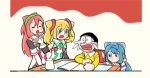  1koma 2boys 2girls black_border blonde_hair blue_hair border crying desk doraemon fujiko_f_fujio_(style) gloves green_eyes hacka_doll hacka_doll_1 hacka_doll_2 hacka_doll_3 height_difference kagino_maki long_hair multiple_boys multiple_girls nobi_nobita notebook open_mouth redhead table twintails white_gloves 