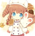  1girl :&lt; aikei_ake blue_eyes bread cat chef_hat chocolate_cornet creature drill_hair food hat original oven_mitts skirt smile snail solo twin_drills 