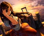  1girl 2015 bangs breasts brown_eyes brown_hair buttons chain closed_mouth clouds dated dress_shirt dutch_angle from_above hand_in_hair hand_on_head long_hair looking_at_viewer ocean original outdoors red_skirt ribbon rukousou_no_hana shade shirt short_sleeves signature skirt sky solo suitcase sunset swept_bangs water 