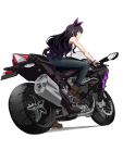  1girl absurdres alternate_costume bangs belt black_hair blake_belladonna blue_pants boots bow breasts brown_boots casual closed_mouth full_body hair_bow hairband highres jewelry kurohane long_hair looking_away motor_vehicle motorcycle necklace pants pendant profile purple_bow ribbed_sweater riding rwby simple_background sleeveless solo sweater tattoo vehicle wavy_hair white_background yellow_eyes 