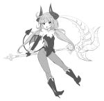  1girl demon_tail high_heels horn long_hair looking_at_viewer monochrome pantyhose scythe simple_background sketch smile solo tail white_background wings zaxwu 