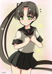  1girl ayanami_(kantai_collection) black_hair green_eyes kantai_collection long_hair nissei school_uniform serafuku side_ponytail 