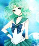  1girl aqua_eyes aqua_hair bishoujo_senshi_sailor_moon blue_bow bow kaiou_michiru long_hair magical_girl sailor_collar sailor_neptune skirt solo tiara 