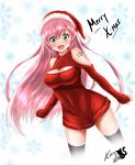  1girl bare_shoulders black_legwear blue_eyes blush breasts cleavage_cutout hat kuronekok77 large_breasts long_hair looking_at_viewer megurine_luka no_pants open-chest_sweater open_mouth pink_hair ribbed_sweater santa_hat smile solo sweater thigh-highs turtleneck vocaloid 