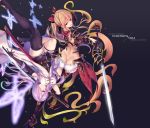  2girls arm_up armor ass back bangs belt black_background black_dress black_gloves black_legwear blonde_hair boots bow braid breasts brown_boots butt_crack butterfly character_name closed_mouth copyright_name demon_horns dress fukai_ryousuke gloves gradient granblue_fantasy hair_between_eyes hair_bow hair_ornament hair_over_one_eye high_heel_boots high_heels holding_sword holding_weapon horns large_breasts lavender_hair long_hair looking_at_viewer multiple_girls narumeia_(granblue_fantasy) outstretched_arm panties pauldrons pointy_ears ponytail red_bow red_eyes short_dress simple_background single_thighhigh smile sword thigh-highs thigh_strap underwear unsheathed upside-down vira weapon white_panties 