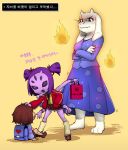  2girls androgynous angry backpack bag bandaid barefoot blue_dress bracelet brown_hair bullying cardigan child crossed_arms dress extra_arms extra_eyes fang fangs fire frisk_(undertale) furry hand_on_another&#039;s_head insect_girl jacket jewelry kneehighs korean monster_girl muffet multiple_girls open_mouth purple_hair purple_skin school_uniform shirt shoes short_hair short_twintails shorts sitting skirt smile spider_girl standing toriel track_jacket translation_request twintails two_side_up undertale younger 