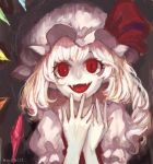  1girl artist_name blonde_hair fangs fingernails flandre_scarlet hands_up hat hat_ribbon head_tilt looking_at_viewer mob_cap mochacot red_eyes red_vest ribbon shirt short_hair side_ponytail smile solo tongue touhou upper_body white_shirt wings 
