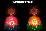  androgynous artist_name black_background brown_hair chara_(undertale) closed_eyes copyright_name crazy_eyes evil_smile floating frisk_(undertale) glamist glowing glowing_eyes heart highres looking_at_viewer open_mouth red_eyes simple_background smile spoilers striped striped_sweater sweater teeth undertale upper_body 