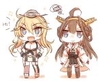  +_+ 2girls blonde_hair blue_eyes breasts brown_hair chibi cleavage detached_sleeves double_bun fingerless_gloves gloves hair_bun hairband hands_on_hips iowa_(kantai_collection) japanese_clothes kantai_collection kongou_(kantai_collection) long_hair mk multiple_girls nontraditional_miko ribbon-trimmed_sleeves ribbon_trim standing star star-shaped_pupils symbol-shaped_pupils thigh-highs 