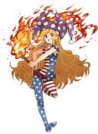  1girl american_flag_legwear american_flag_shirt blonde_hair clownpiece collar fire frilled_collar frills full_body grin hat holding jester_cap long_hair one_leg_raised pantyhose polka_dot red_eyes short_sleeves simple_background smile solo teeth torch touhou urin very_long_hair wavy_hair white_background 