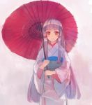  1girl alternate_costume bangs blunt_bangs hair_ribbon japanese_clothes kantai_collection kimono murakumo_(kantai_collection) naruse_chisato orange_eyes ribbon solo tress_ribbon umbrella white_hair 