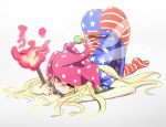  1girl american_flag_legwear american_flag_shirt blonde_hair clownpiece fairy_wings fire hat holding jester_cap long_hair looking_at_viewer on_ground pantyhose polka_dot simple_background sketch solo top-down_bottom-up torch touhou very_long_hair violet_eyes white_background wings 