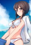  1girl bikini black_eyes black_hair hayasui_(kantai_collection) jacket kantai_collection pallad short_hair solo swimsuit 