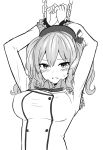  1girl arms_up blush breasts kantai_collection kashima_(kantai_collection) monochrome retrained simple_background smile solo white_background zaxwu 
