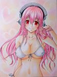  1girl bikini breasts cleavage headphones highres large_breasts long_hair looking_at_viewer marker_(medium) navel nitroplus pink_hair pochisuke0202 red_eyes smile solo super_sonico swimsuit traditional_media 