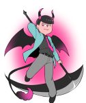  1boy :3 demon_horns demon_tail demon_wings floating formal horns jacket male_focus matsuno_todomatsu necktie open_clothes open_jacket osomatsu-kun osomatsu-san pink_eyes pink_necktie rey0 scythe solo suit tail wings 