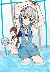  2girls absurdres anastasia_(idolmaster) artist_request bikini blue_eyes brown_hair highres idolmaster idolmaster_cinderella_girls long_hair multiple_girls nitta_minami short_hair silver_hair smile swimsuit 