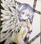  1girl aioi_aoi angel_wings dress jacket kishin_sagume long_sleeves looking_at_viewer marker_(medium) open_clothes open_jacket purple_dress red_eyes silver_hair solo touhou traditional_media wings 
