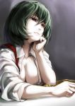  1girl ascot_removed asu_tora breasts cleavage collarbone green_hair half-closed_eyes hand_on_own_cheek highres kazami_yuuka large_breasts looking_at_viewer open_clothes open_shirt open_vest red_eyes shirt solo touhou upper_body vest 